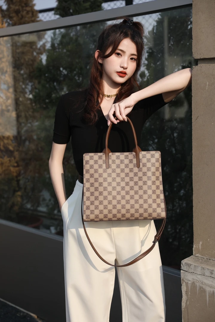 艾薇思曼棋盘格时尚手提包包大容量通勤托特包百搭单肩斜挎包7333