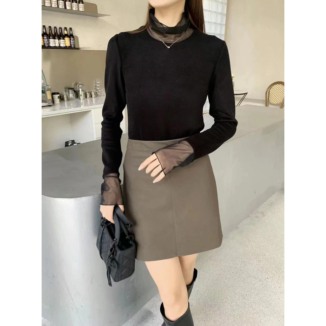 韩版时尚镂空拼接长袖打底上衣 0988