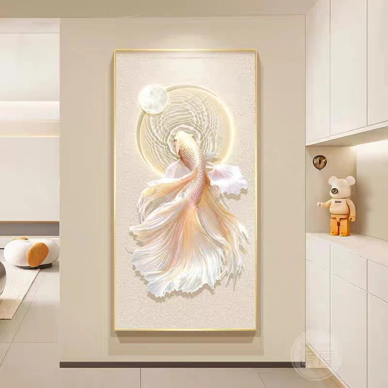 轻奢玄关装饰画年年有鱼走廊尽头挂画现代简约大气入户门过道壁画