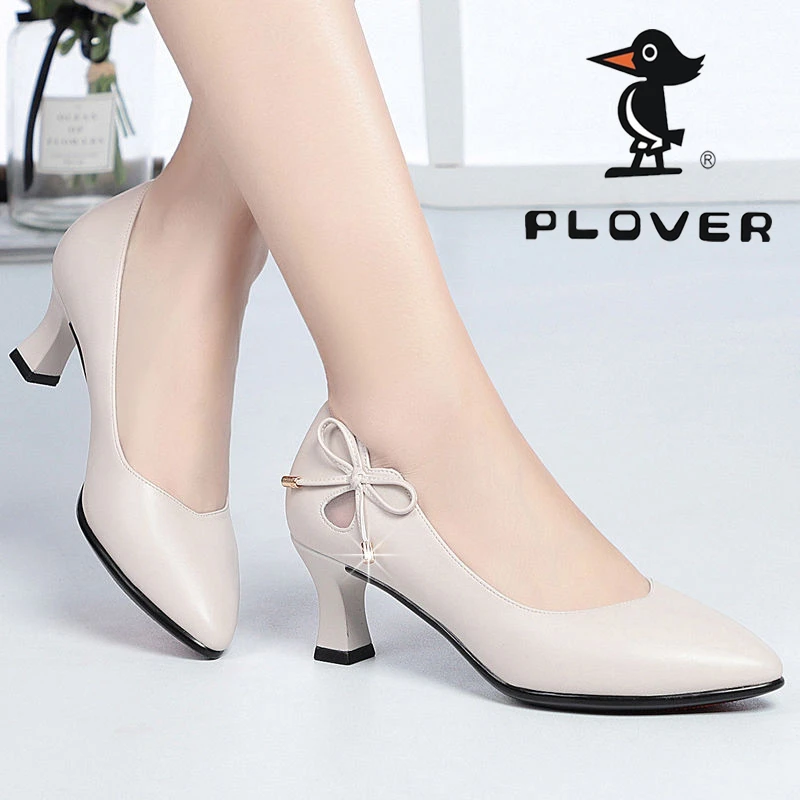 PLOVER妈妈鞋韩版软底舒适高跟鞋皮鞋女粗跟春秋季女式单鞋时尚款