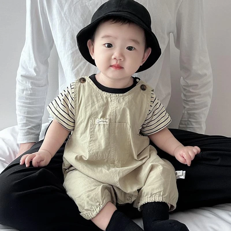 婴儿衣服夏装男宝宝连体衣夏季韩版背带裤短袖套装两件套外出爬服