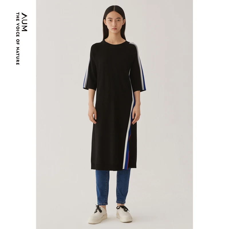 AUM/噢姆撞色条纹连衣裙显瘦针织裙M1BW1L36M