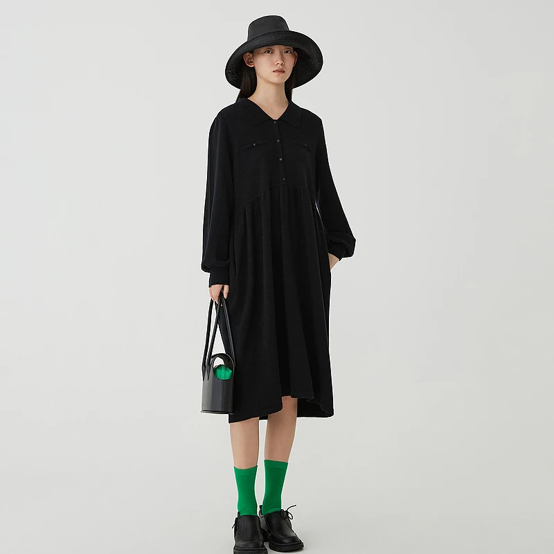 AUM/噢姆秋冬黑色气质长袖时尚针织极简风女装连衣裙M1CX4L30M