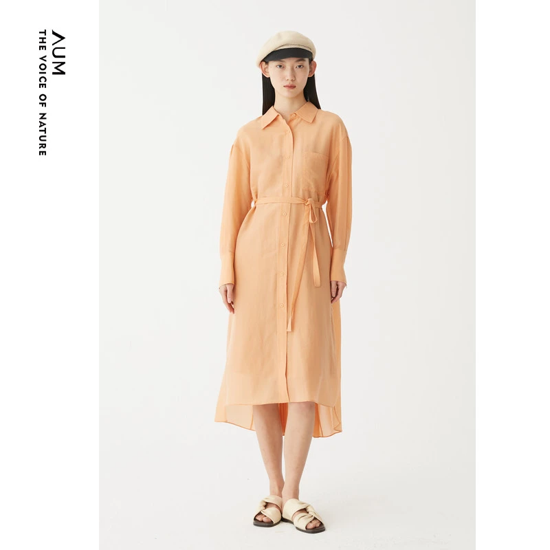 AUM/噢姆【丝醋双绉】文艺气质裙橘色长袖衬衫连衣裙M1CX21386