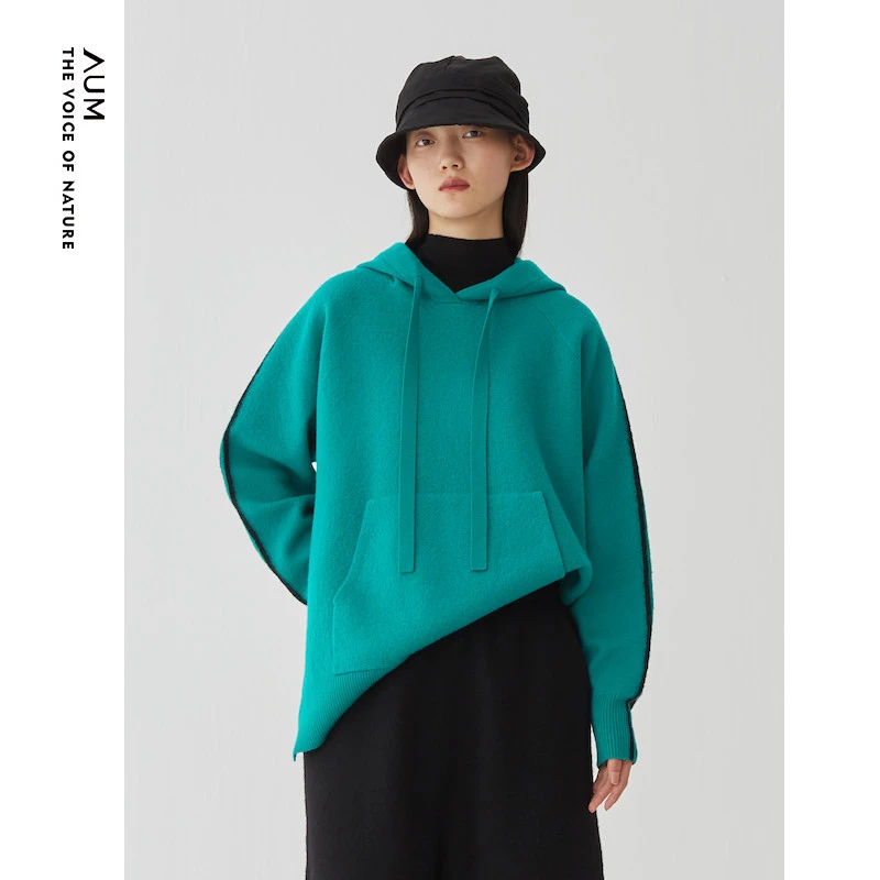 AUM噢姆冬休闲蓝绿色连帽上衣美丽诺针织卫衣M1BW4S59M长袖