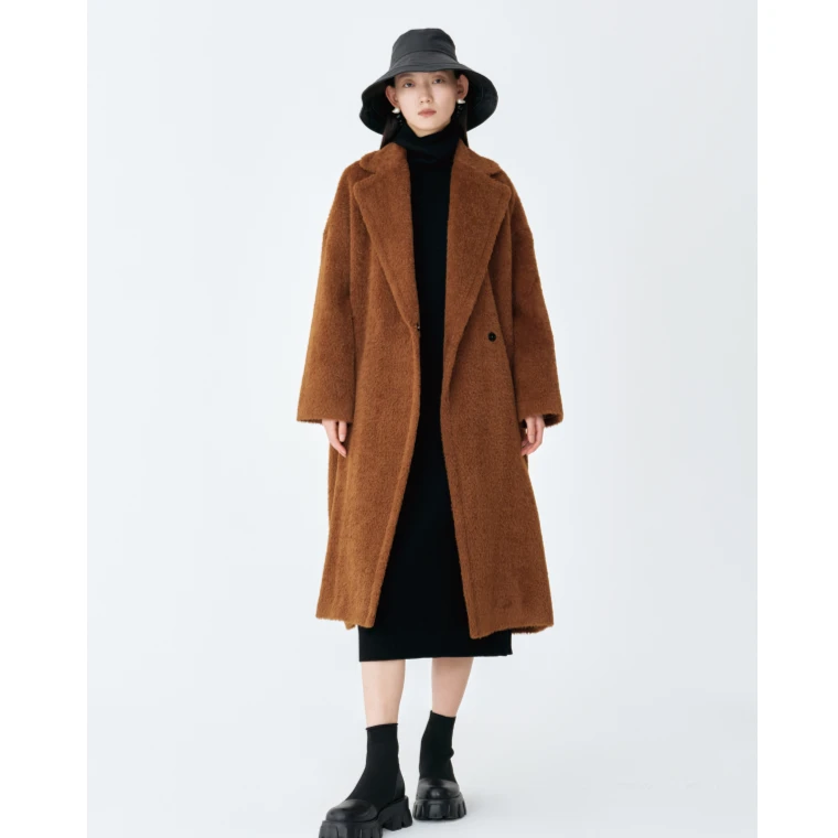 AUM/噢姆深棕羊驼毛秋冬时尚气质中长款毛呢摇粒绒外套MAEG4024D