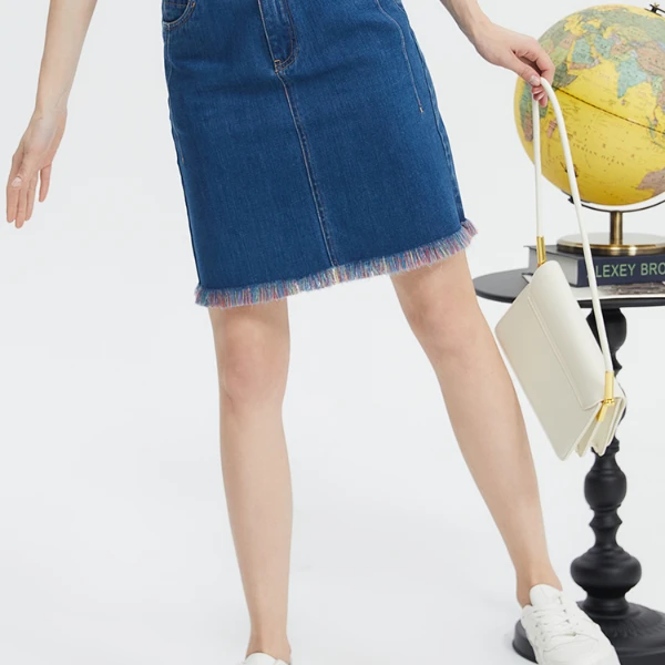 Boton/波顿春夏新款女士高腰牛仔短裙流苏高端包臀A字显瘦半身裙