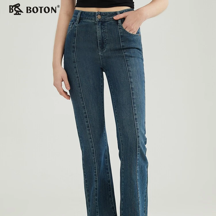Boton/波顿新款女士高端微喇牛仔长裤时尚修身百搭高腰弹力喇叭裤
