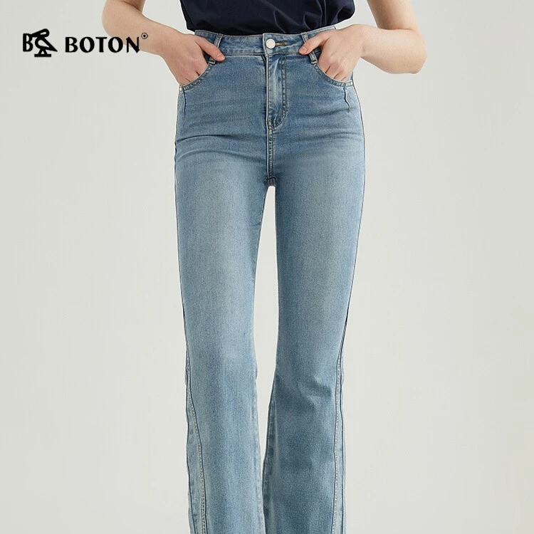 Boton/波顿新款春夏百搭牛仔裤女高腰九分浅蓝色牛仔裤高端微喇