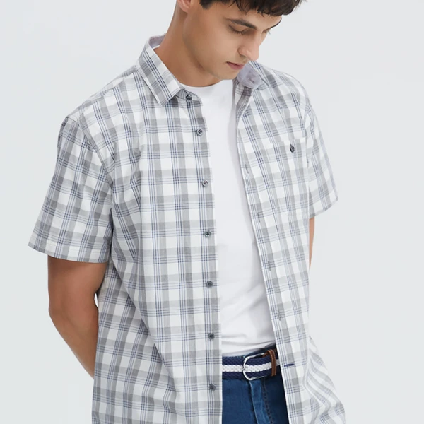 Boton/波顿男士春夏新款短袖灰蓝色格子衬衫高端美式休闲短袖衬衣