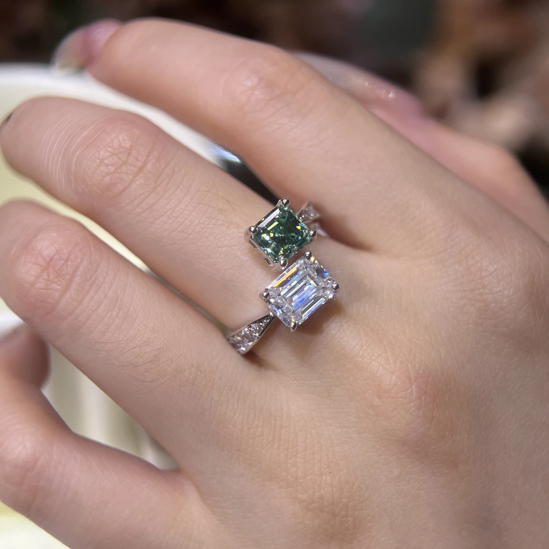 925银莫桑石戒指  高定款s925银木佐色莫桑戒指可调节1克拉x2克拉