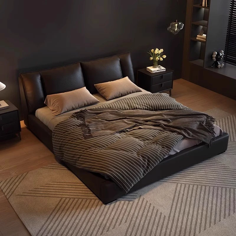 意式现代头层牛皮极简风主卧床高端大气真皮实木软包双人主卧大床