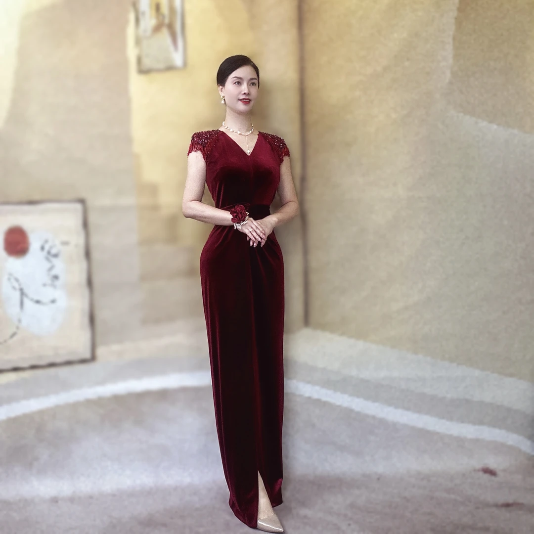 喜妃琳0079高端礼服喜婆婆喜妈妈装时尚气质重工手工V领显瘦高级