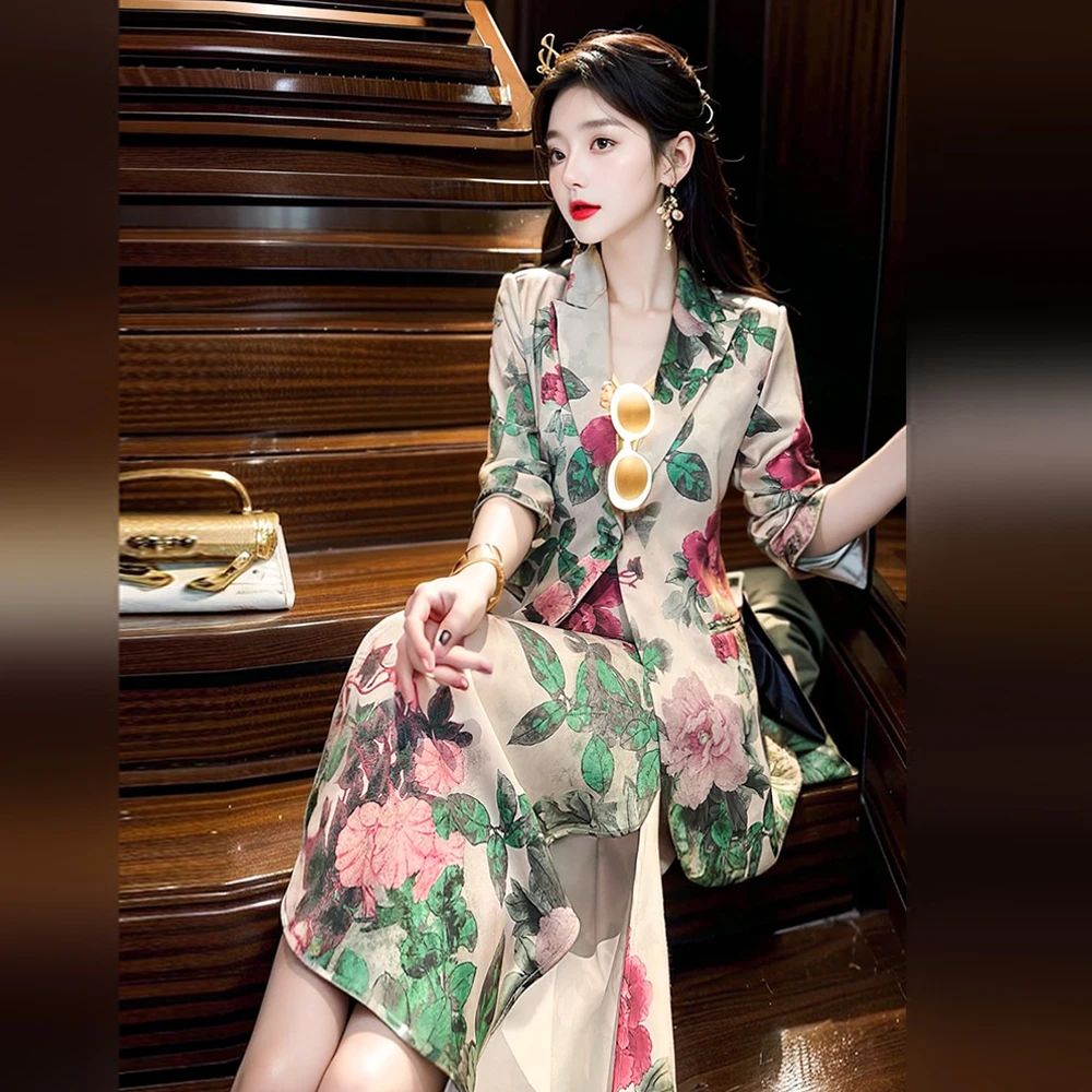 春秋新款高端新中式国风撞色印花西装半身裙气质优雅两件套连衣裙