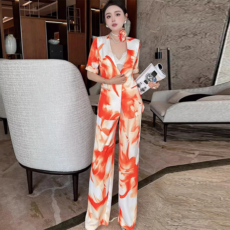 高级感时尚套装名媛气质渲染印花夏季短袖西装阔腿裤通勤两件套