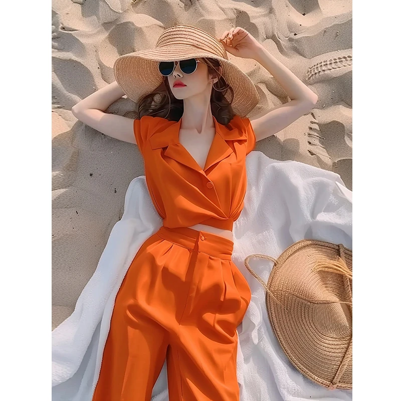 夏日多巴胺五一出游穿搭橘色衬衫女装套装裤轻奢高级感女人味时尚
