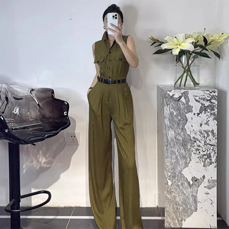 高定时尚套装夏季老钱风军绿色纯色亚麻衬衫高腰阔腿裤两件套通勤