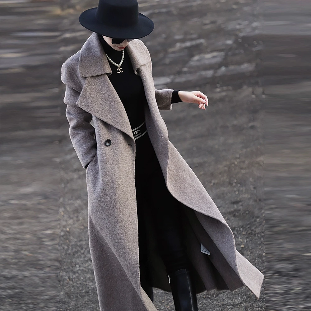 2025秋冬新款气质高端中长款大衣绑带纯色毛呢外套显瘦呢子轻奢