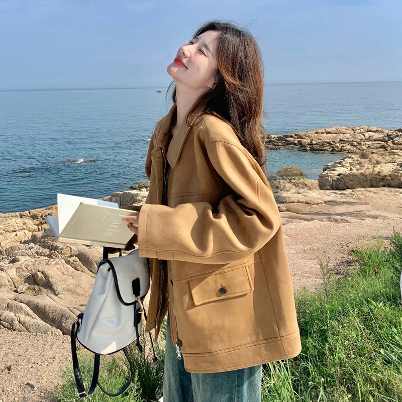 复古麂皮绒外套女2024秋季新款韩版设计感小个子休闲宽松短款上衣