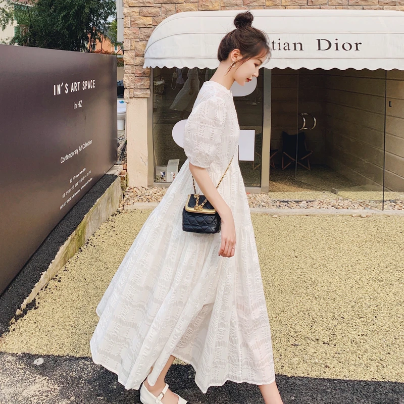 米白色连衣裙女夏季2024新款法式设计感小众休闲宽松时尚洋气长裙