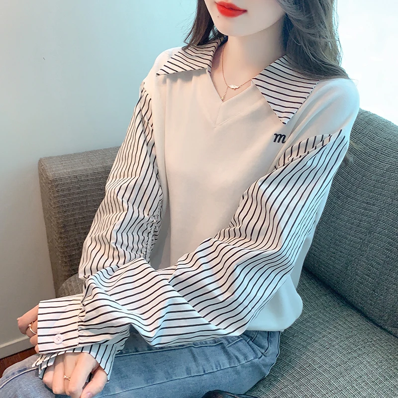 假两件条纹衬衫女长袖2024年秋季宽松小众设计感拼接针织V领上衣
