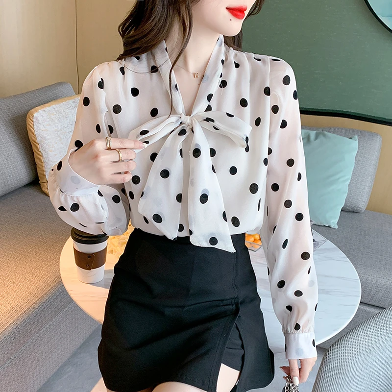 法式波点雪纺衬衫女长袖2025春秋季新款蝴蝶结打底衫衬衣洋气小衫