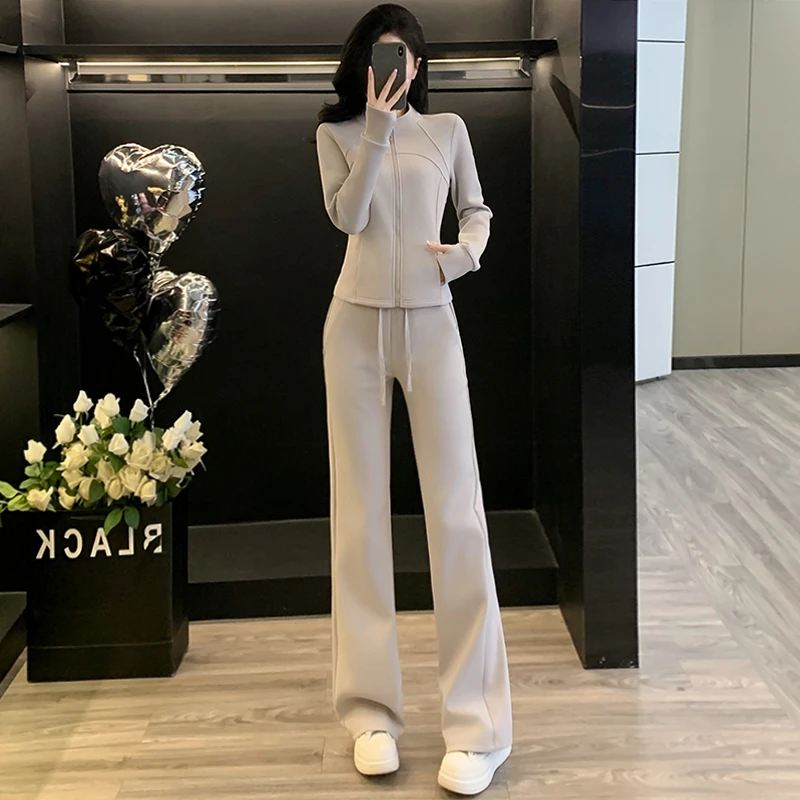 跑步休闲运动套装女秋季新款洋气修身显瘦薄外套上衣阔腿裤女款