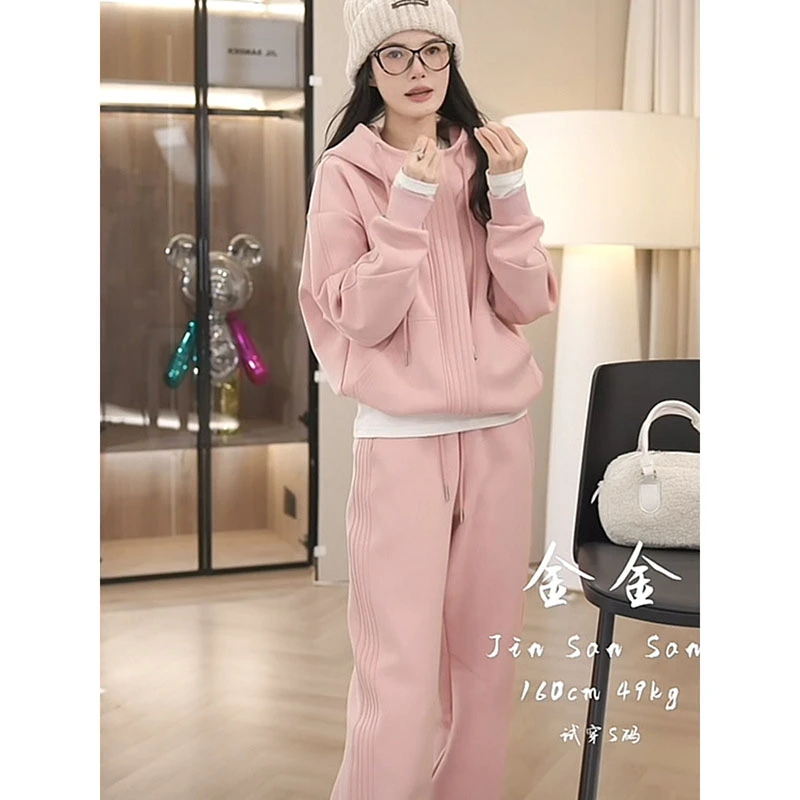 粉色加绒加厚保暖连帽休闲卫衣套装女秋冬季时尚束脚裤运动两件套