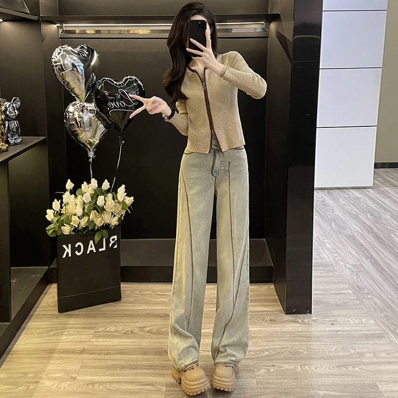 轻熟风休闲时尚套装女2025年秋冬修身洋气针织衫阔腿牛仔裤两件套