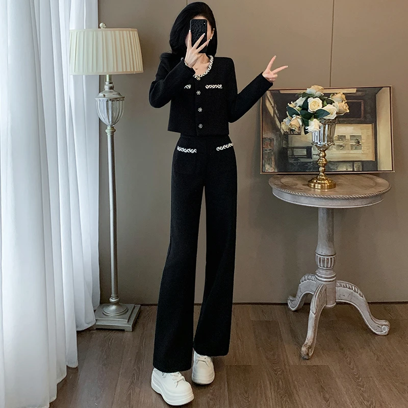 高级感黑色时尚套装秋冬2025新款法式小香风上衣直筒裤两件套女装