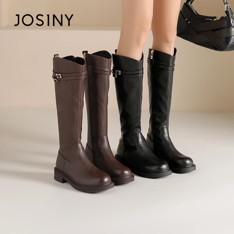 卓诗尼长筒靴气质靴2024新款粗跟优雅增高气质百搭显瘦纯色经典款