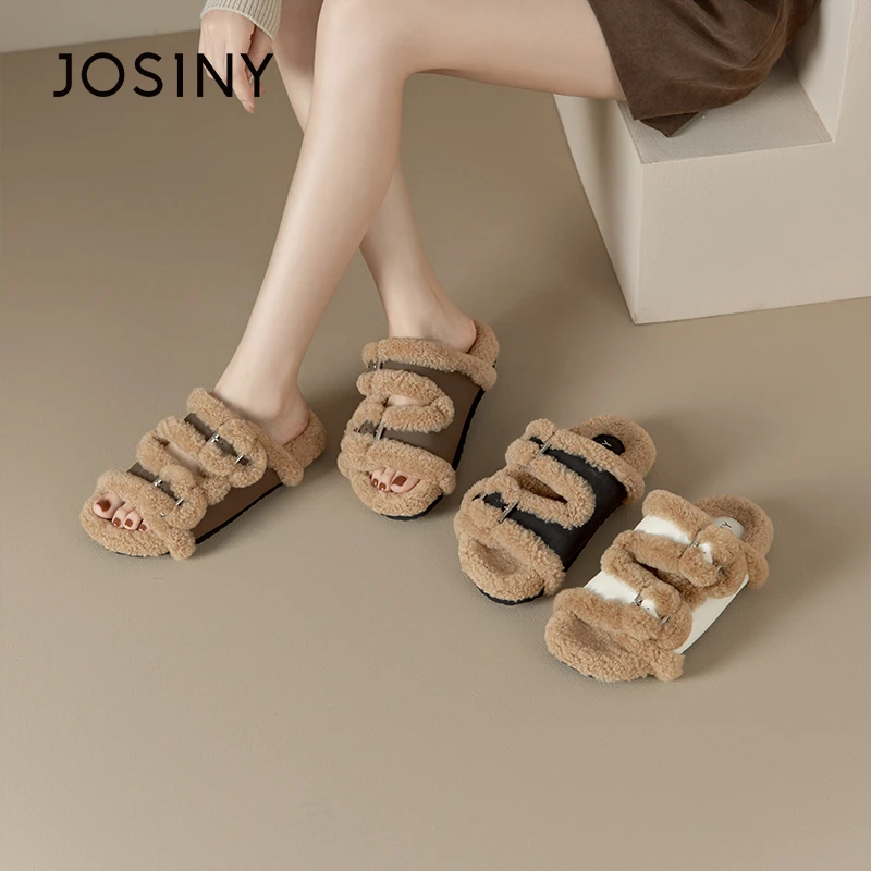 卓诗尼一字扣拖鞋女2024冬季新款韩版百搭加绒毛毛拖鞋外穿懒人拖