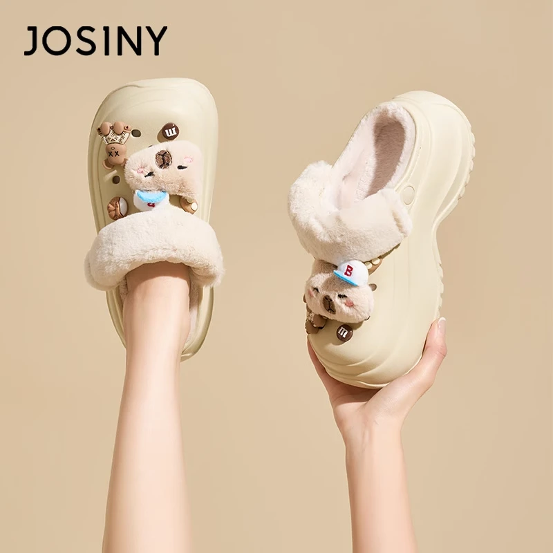 卓诗尼厚底洞洞鞋女冬季加绒2024新款棉拖鞋保暖居家外穿半拖增高