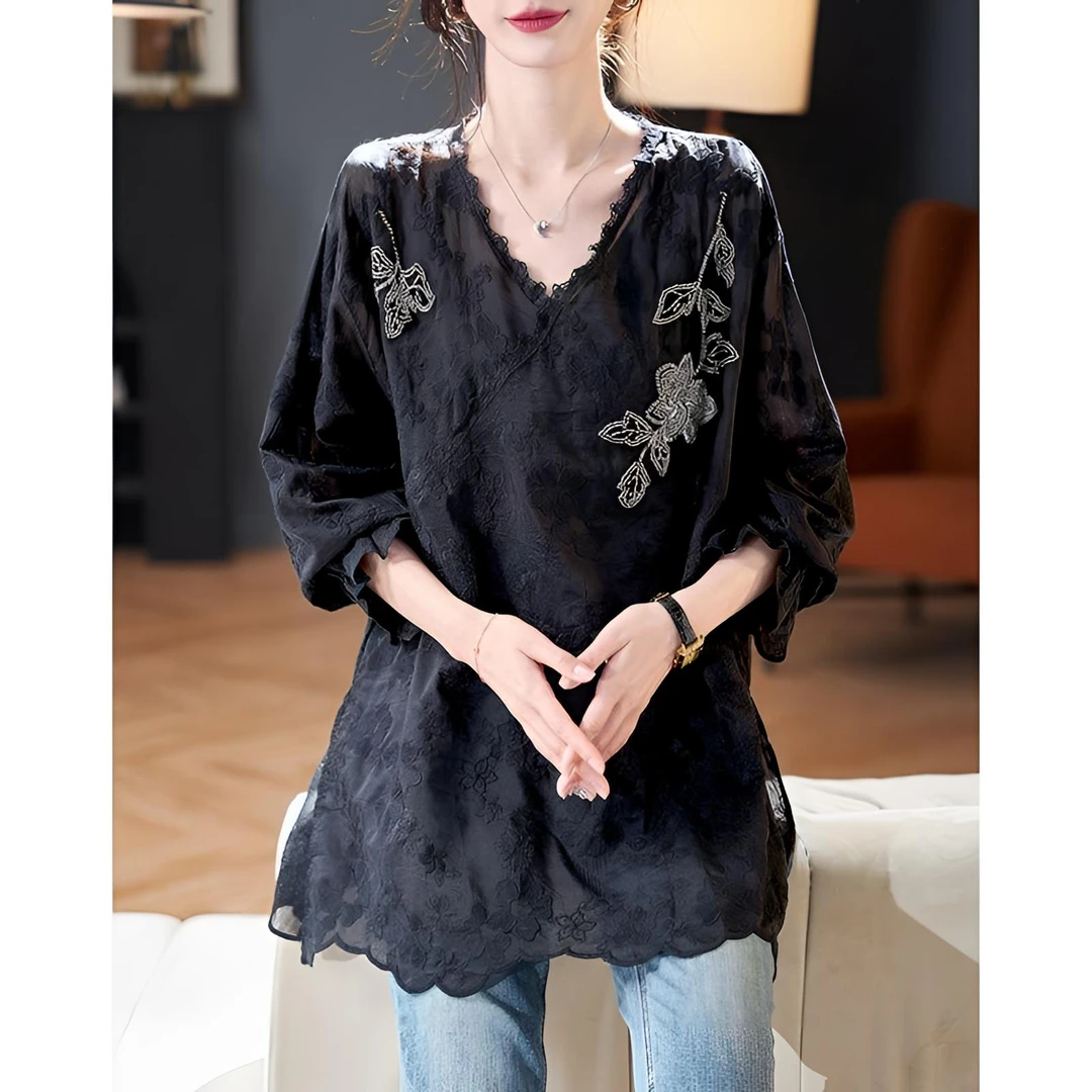 春秋季新款气质中国风蕾丝衫女士女款宽松中长款遮肚加大v领上衣