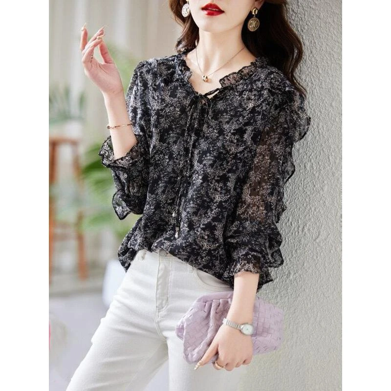 黑色V领雪纺衬衫新款欧货宽松遮肚百搭洋气小衫加宽短袖时髦衣服