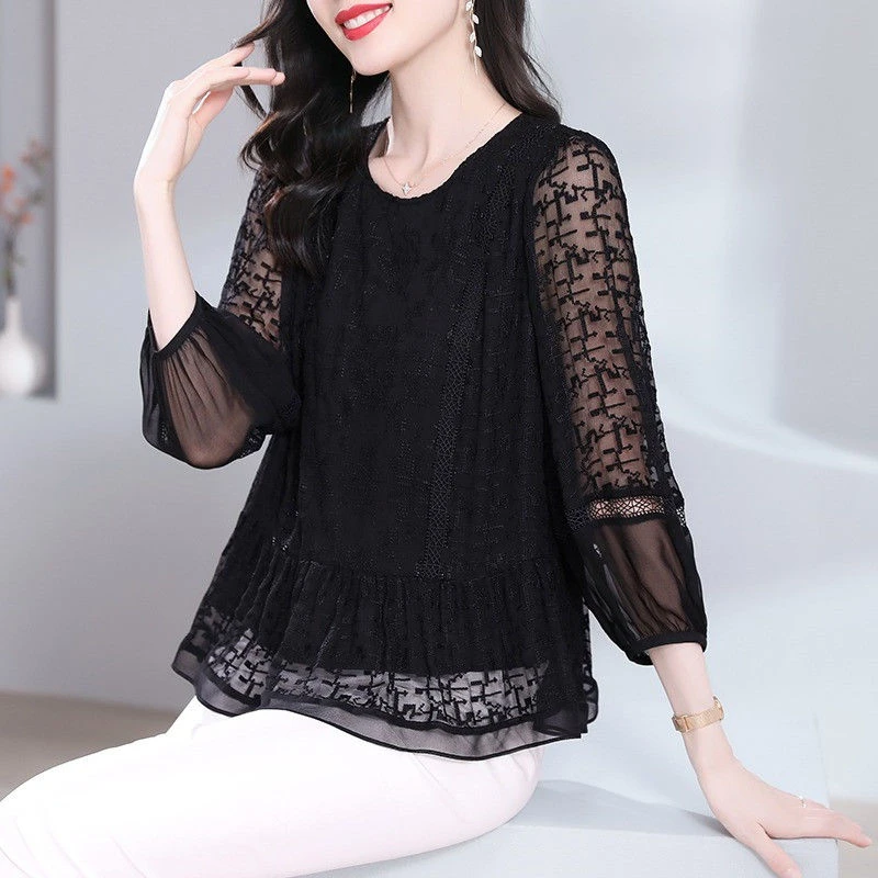 遮肚子雪纺衫女装蕾丝上衣春秋季新款黑色蕾丝上衣短袖高档小衫