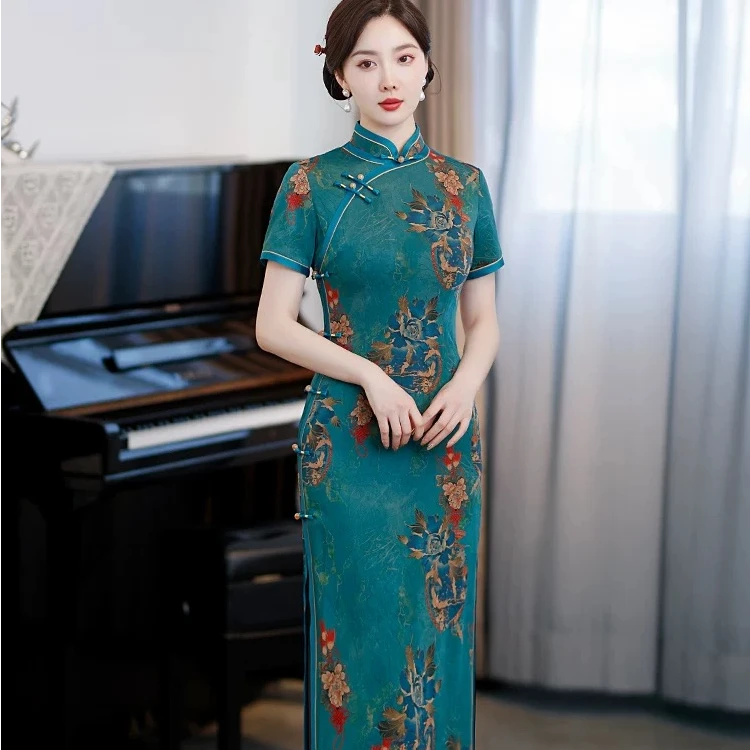 24113 长款 (绿)水月镜花 高端优雅气质修身旗袍 长约120cm