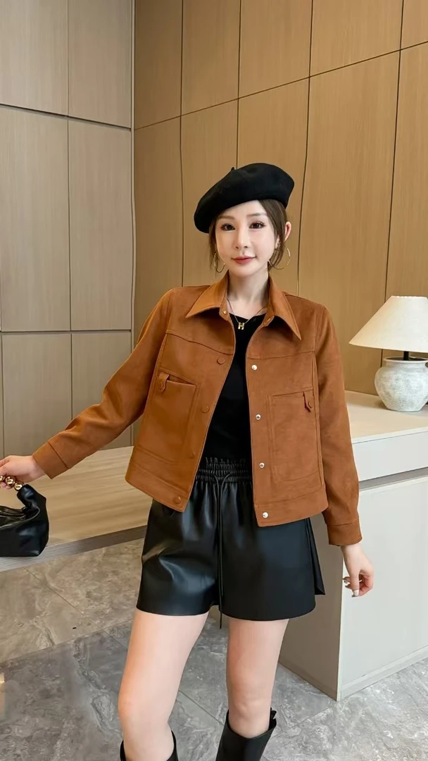 * 丽影 *秋冬爆款* 袋扣饰翻领呢布外套 * 时尚韩版呢布外套百搭