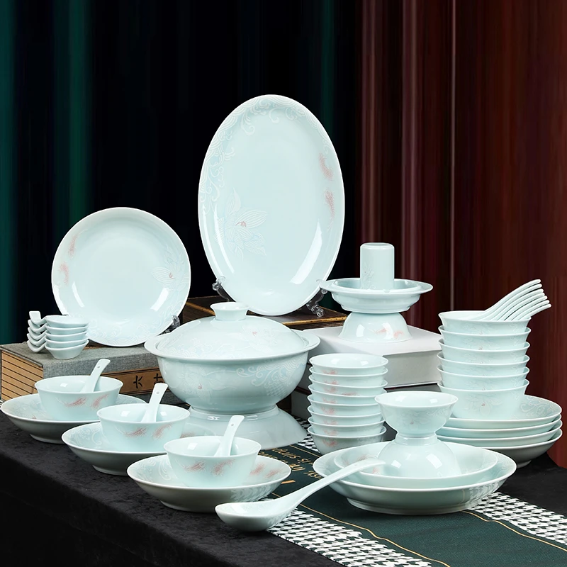 锦鲤2024新款景德镇高岭土高温青瓷餐具碗碟盘组合套装家用釉下彩