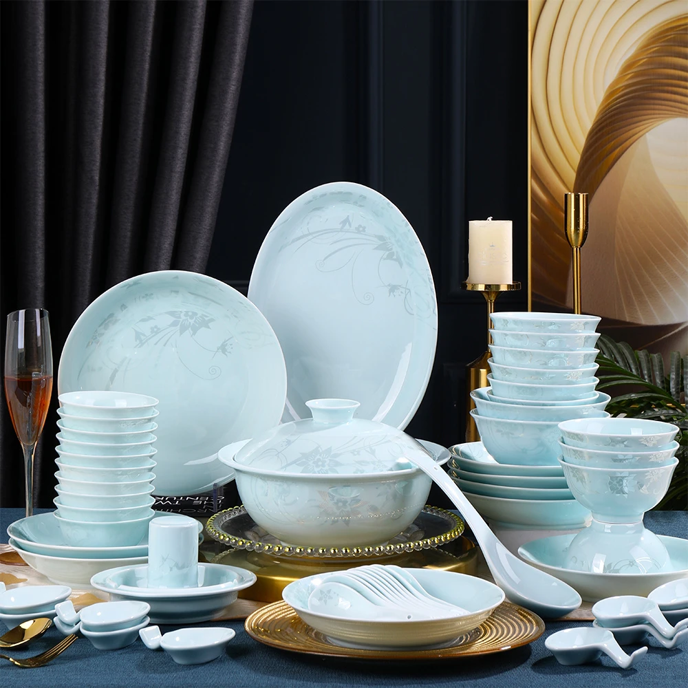 景德镇釉上彩青瓷高颜值餐具2024新款高档碗碟套装家用轻奢高级感