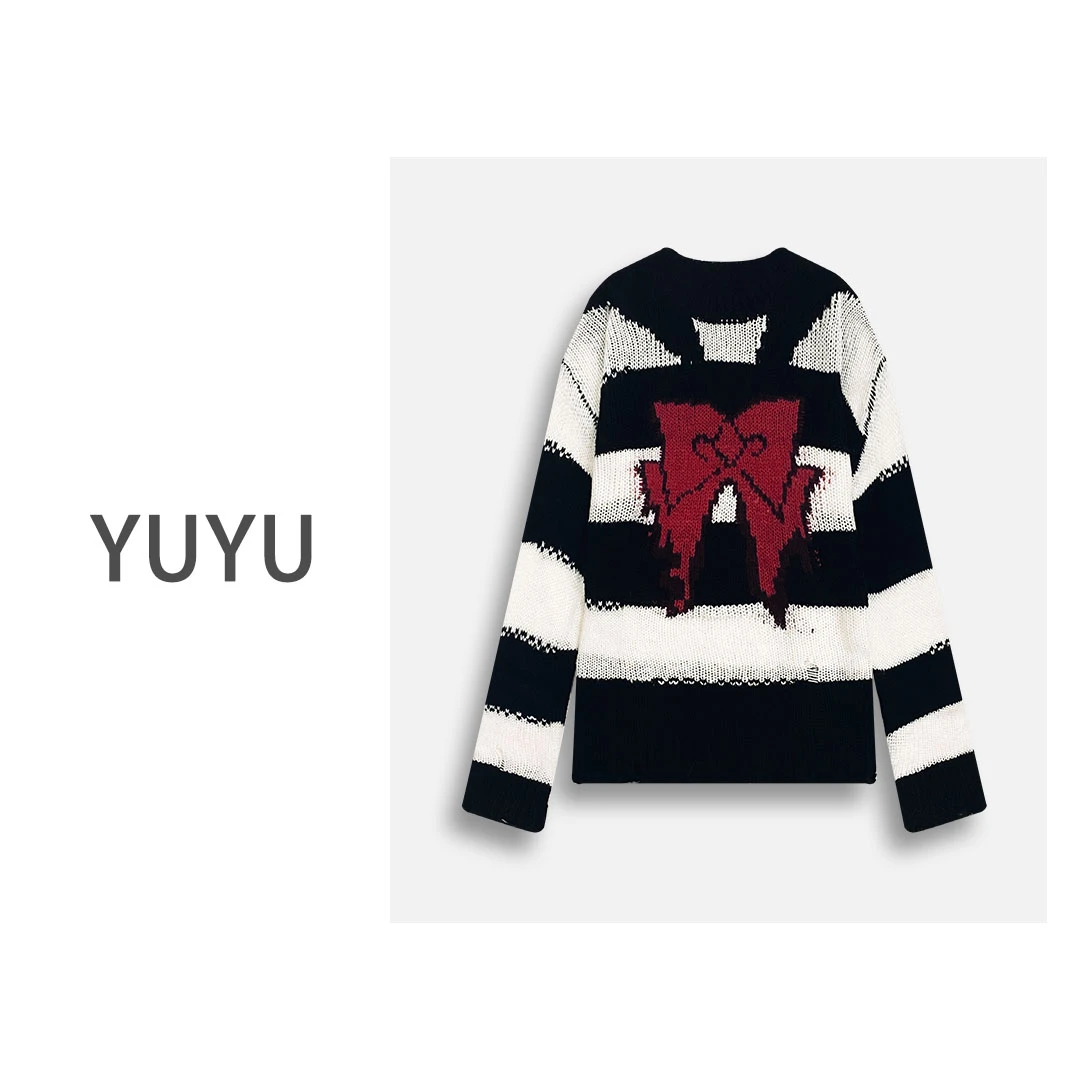 【黑白蝴蝶结CP】百搭条纹撞色蝴蝶结圆领套头秋冬针织毛衣HT742