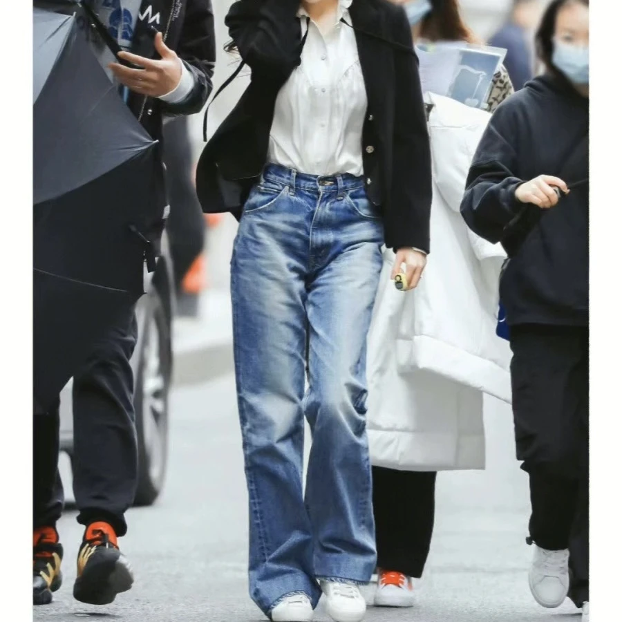 【幂式穿搭】复古蓝设计感时尚高腰休闲百搭通勤拖地直筒牛仔裤KZ47