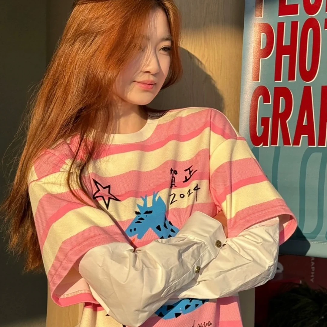 【小青龙】个性创意设计感假两件拼接拼色条纹别致长袖T恤.HT848