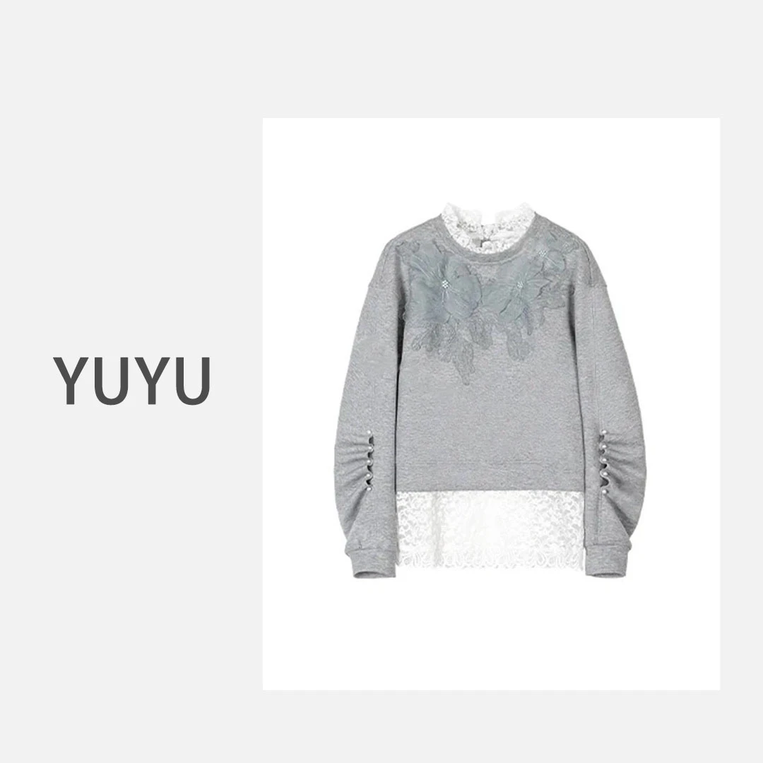 【瑞斯】蕾丝花瓣拼接圆领宽松秋冬气质时尚休闲卫衣.Y507