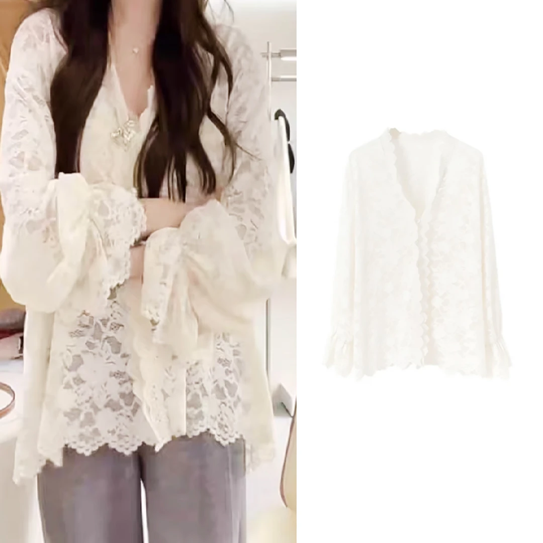 【蕾丝】温柔风V领长袖蕾丝早秋高级感上衣.Y410