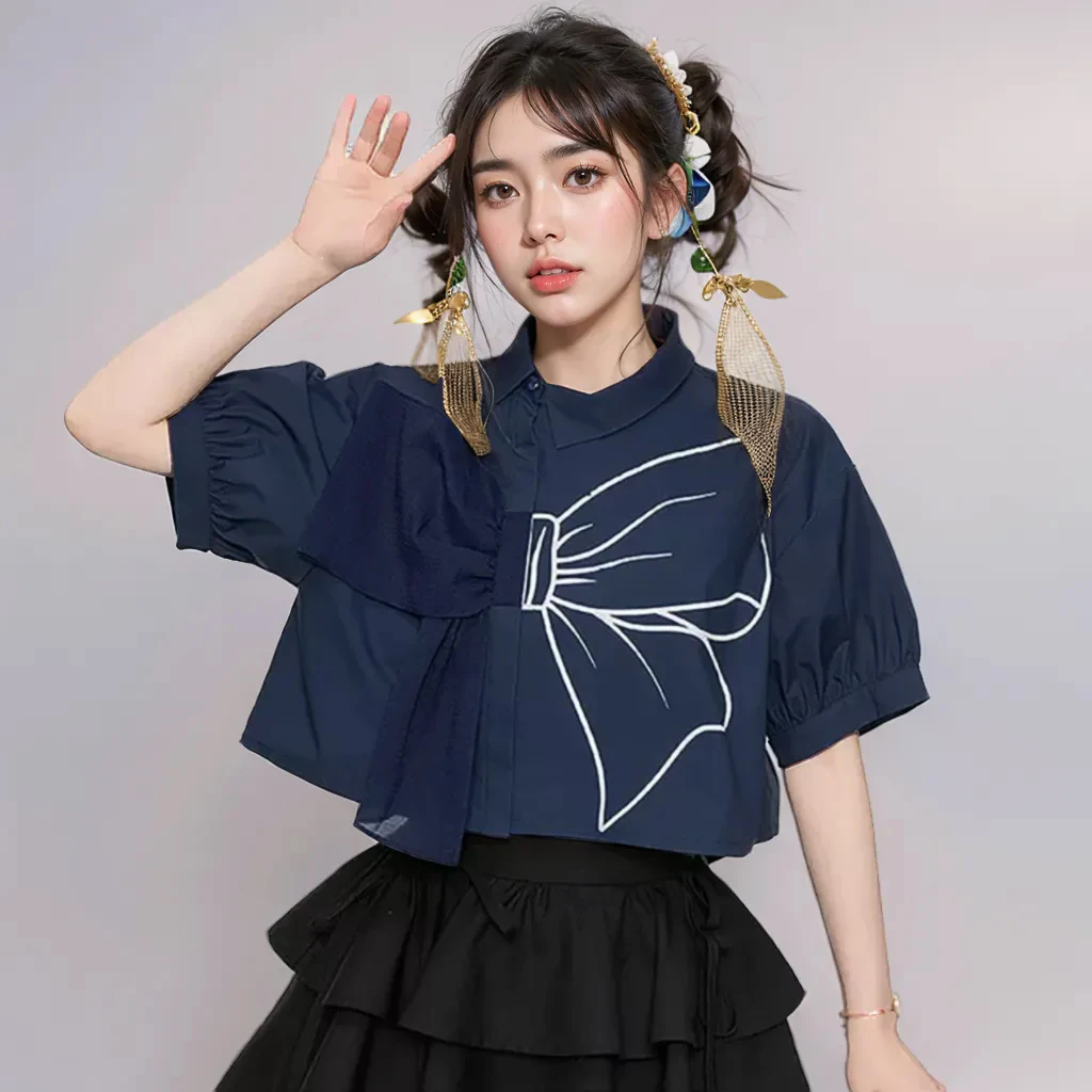 【雾蝶】甜飒韩版前后蝴蝶结设计感减龄泡泡袖短款蓝色衬衫.Y095