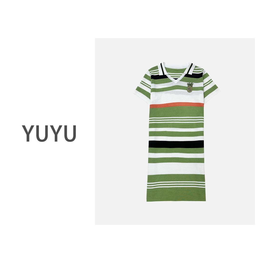 【春芽】撞色学院刺绣条纹时尚夏季休闲经典宽松针织连衣裙.Y110