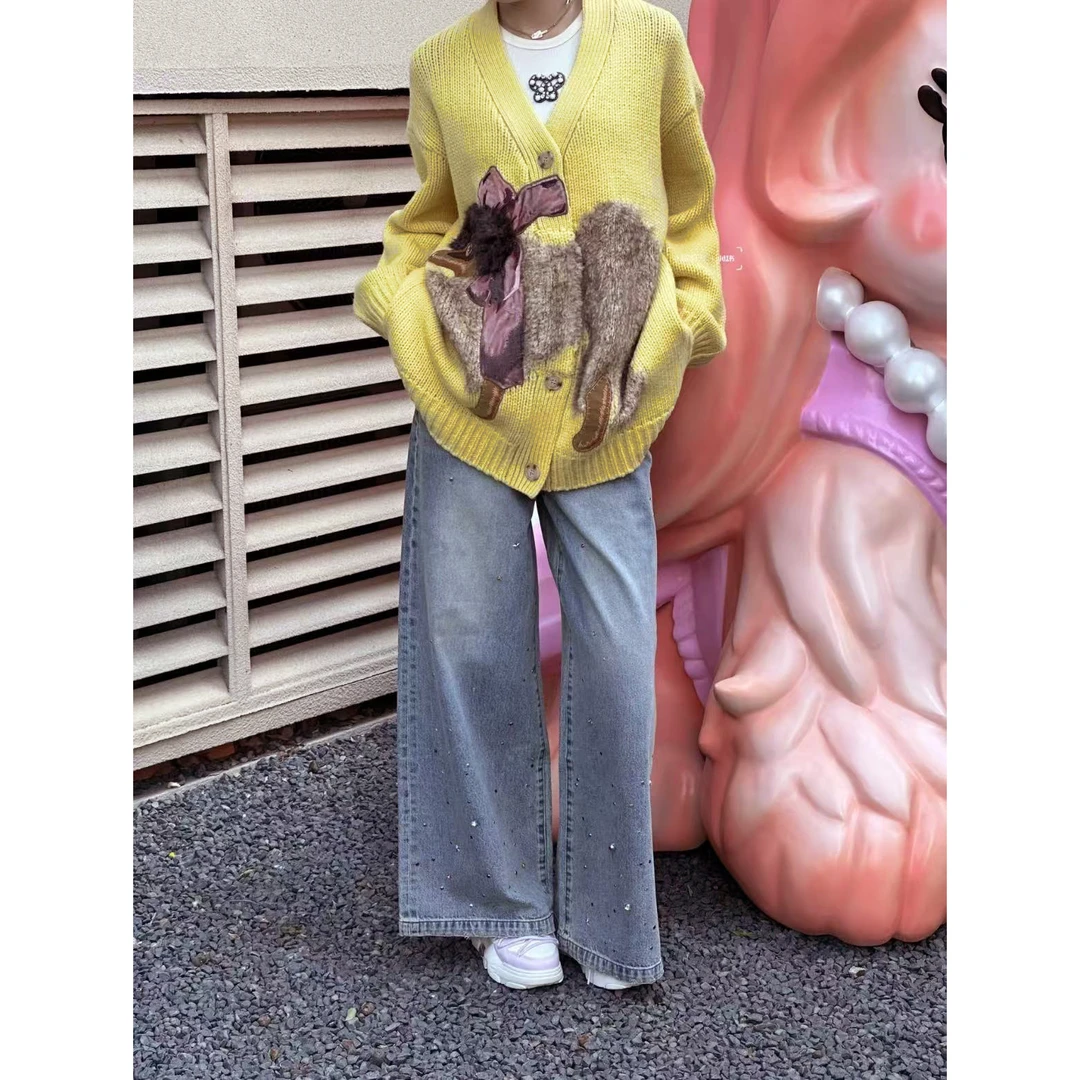 【蝴蝶狗】法式宽松慵懒狗狗提花时尚V领针织开衫毛衣.Y547