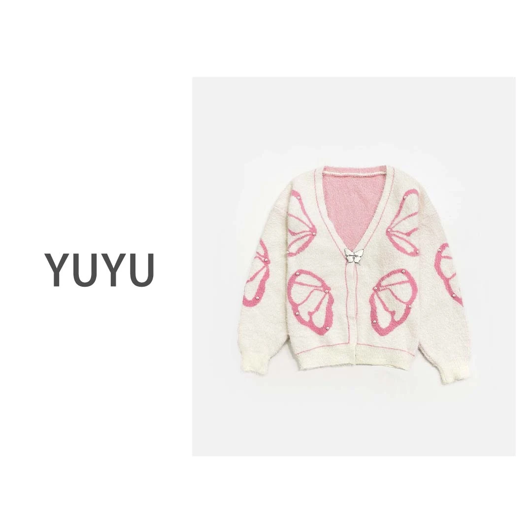 【粉白蝴蝶】甜美宽松休闲慵懒风百搭撞色V领秋冬开衫毛衣DLJ005