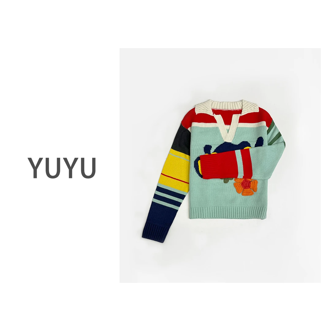 【莫奈油画】立体钩花百搭翻领设计感短款时尚撞色秋冬毛衣OY113